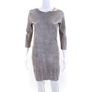Stella & Jamie Womens Gray Suede Woven Detail Long Sleeve Shift Dress Size XS